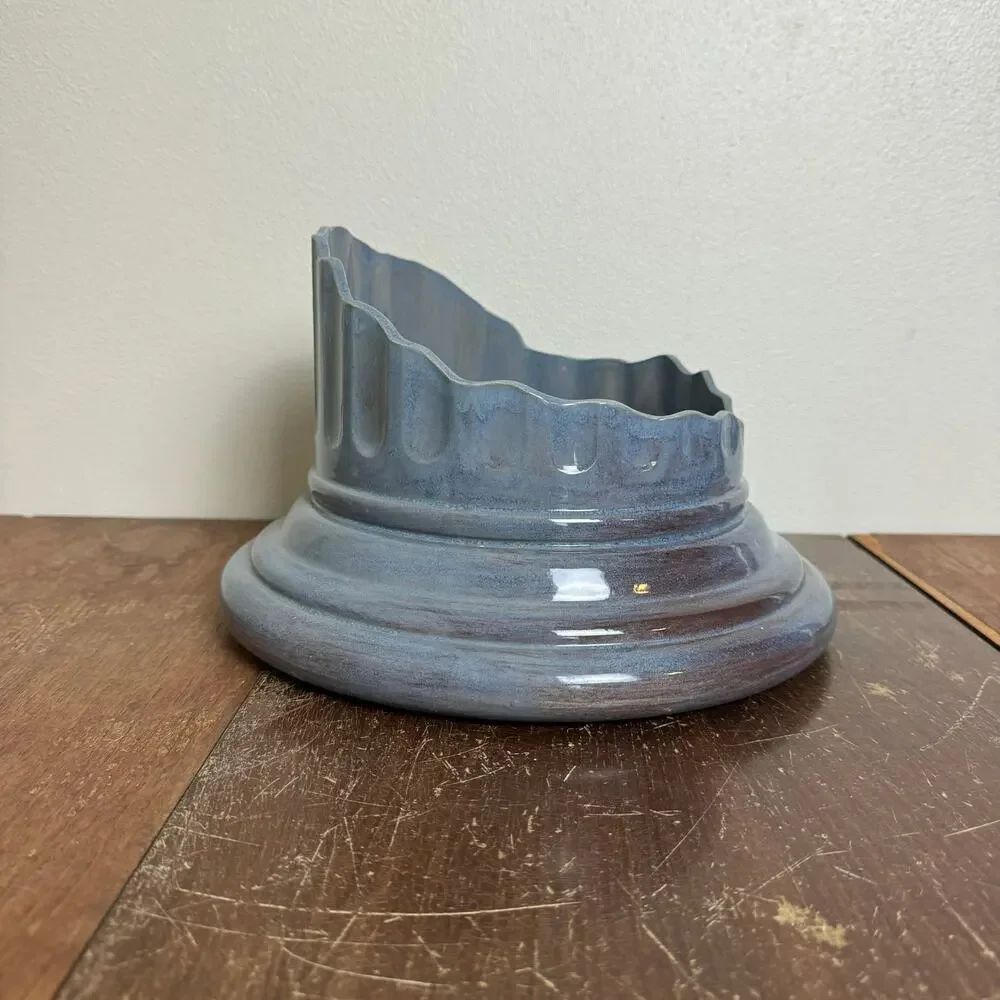Blue Glazed Ceramic Fluted Column Pedestal Base Planter Greek Roman Style 12in